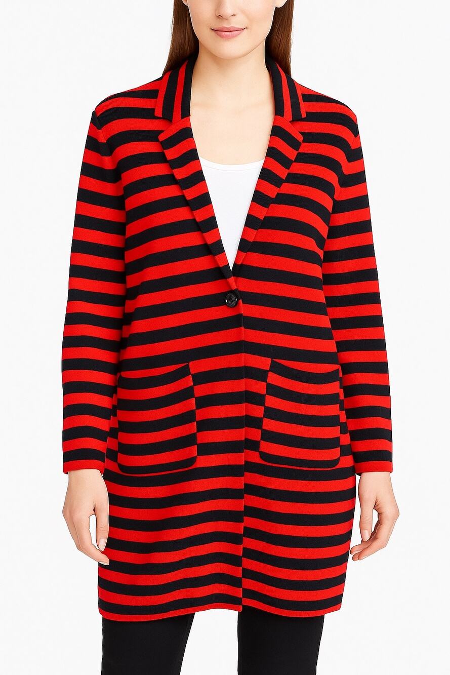 Ann Taylor Red & Navy Striped Long Knit 1 buttton Coatigans Cardigan Coat Large